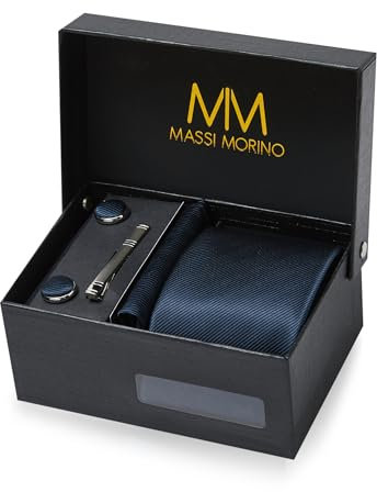Massi Morino Krawatte Dunkelblau mit Einstecktuch Set Herren inkl. Manschettenknöpfe, Krawattennadel und Geschenkbox - Männer Krawattenset