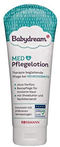 Babydream MED Pflegelotion, begleitende Pflege bei Neurodermitis, ohne Parfüm, Basispflege für trockene Haut, mit Sheabutter & Nachtkerzenöl, 200 ml