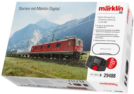 Märklin 29488 - Kit di avviamento digitale treno merci svizzero con locomotiva elettrica Re 620, traccia H0 modellino ferroviario, molte funzioni audio, con binari Mobile Station C, 1:87