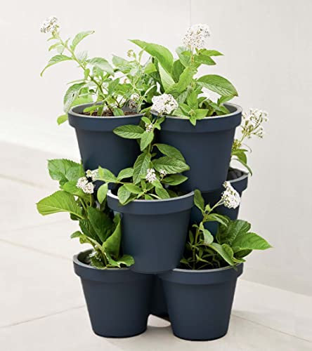 GEEZY Stackable Vertical Garden Flower Pot, Set of 3 Large Anthracite Tiered Planter for Outdoor Herbs & Strawberry Plants, Durable Polypropylene Plant Pots, Space-Saving Design