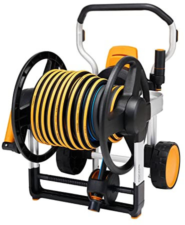 Fiskars Carrello Avvolgitubo XL Manuale con Ruote, Set per Irrigazione, Riavvolgimento Manuale, Portata Totale 21,5 m, Tubo in Misura Universale (Ø 13 mm), Connettore Universale per Rubinetto, 1062256