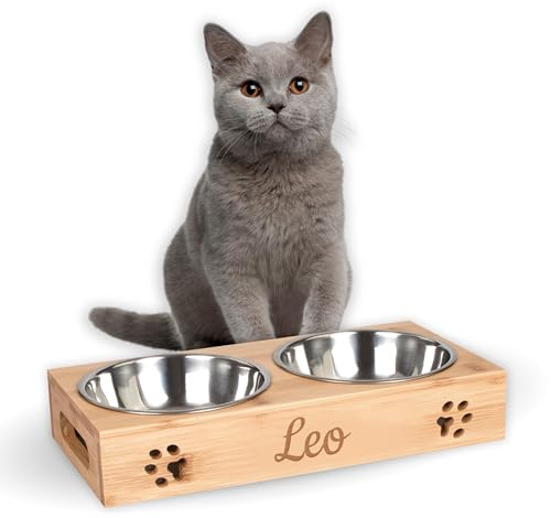 LAUBLUST Futterstation mit Name Personalisiert - Bambus, 2 Edelstahl Fressnäpfe Katze | M - 31x15x6cm, 2 x 0,35l, Natur