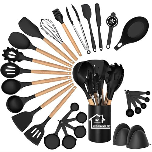 UXIYI Silicone Kitchen Utensils Set, 28pcs Kitchen Silicone Utensils Set, Kitchen Accessories for Nonstick Heat Resistant Utensil Set, Kitchen Tools & Gadgets, Black