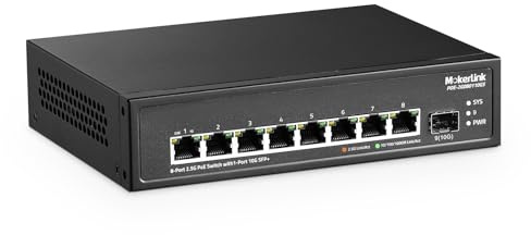 MokerLink 8-Port 2.5G PoE Switch with 10G SFP+ Slot, 8 Base-T 2.5G Ports, 10/100/1000 Mbps Compatible, IEEE8023af/at PoE 120 W, Metal Ungested Fanless Small Network Switch