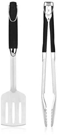 PRECORN hochwertiges BBQ Grillbesteck Set aus Edelstahl Zange und Wender - rutschfeste Griffe spülmaschinenfest - Perfektes Grillzubehör und Geschenk für Männer
