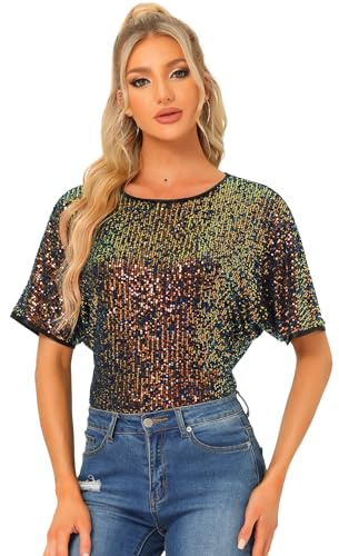 Allegra K Blouses à Paillettes Femmes Métalliques Col Rond Manches Courtes Haut Brillant de Soirée T-Shirts Scintillants Multicolore S