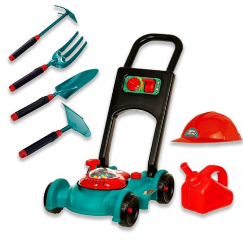 Sobebear 7Pcs Kids Garden Tools Set With Lawn Mower Toy & Helmet, Early Learning Maintenance Activity Playset, Indoor & Outdoor Play, Perfect for Preschool Boys & Girls, for Ages 3+ Years