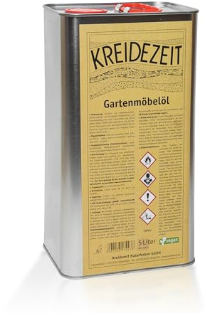 KREIDEZEIT Huile pour meubles de jardin 5 l – Protège et entretient les meubles en bois dans le jardin sans biocides – Facile à utiliser – Idéal pour les bois neufs ou huilés, végétaliens