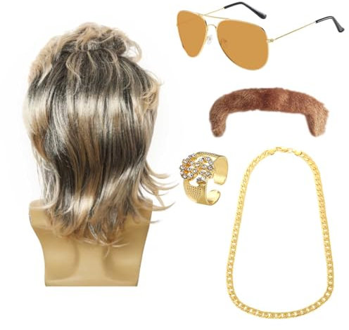 XNIVUIS 5 Pcs Hippie Costume Set, Rockstar 80s Fancy Dress Men, Rockstar Retro Blonde Rocker Wig 70s 80s Costume Accessories for Men Women, 70s 80 Disco Costume Wigs Rocker Halloween (5 Pcs)