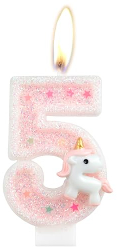 Rosa Einhorn Geburtstagskerze, Zahl 5 Happy Birthday Kuchen Deko Glitzernde Partykerze für Mädchen, Kindertag, Schulaktivitäten, Familientreffen