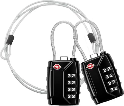 Newace TSA Schloss 4 Stellig Kofferschloss Zahlenschloss Gepäckschloss Reiseschloss Kabelschloss mit Zinklegierung und 1 M Stahlseil, für Koffer Gepäck Rucksack 2 Stück Schwarz