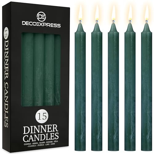 DECO EXPRESS Candele Coniche Set da 15 Candele Rustiche Fatte a Mano Candela Natalizia Durata di Combustione di 9 Ore Senza Profumo (Verde - Confezione da 15)