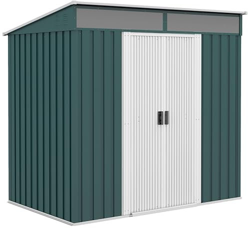 Outsunny Casetta da Giardino Porta Attrezzi in Acciaio 1.2x2x1.8m con Base, Capanno da Giardino con Finestre Trasparente, Serratura, Porta Scorrevole, Tetto Inclinato, 2 Ganci e 2 Prese d'Aria, Verde