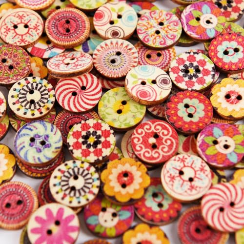 Luxiremi 100PCS Wooden Flower Buttons, Mixed Colors, 15mm, Round, Sewing Buttons