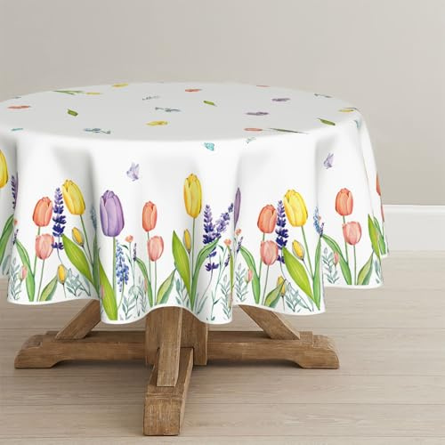 Artoid Mode Tulipe Lavanda Fiori Farfalla Primavera Tovaglia Rotonda 140 cm, Protezione dalle Macchie, Tovaglia da Cucina, Decorazione per Feste