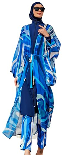 MARINA SWIMWEAR Islamisk lång och lös kimono för kvinnor | snabbtorkande, enkel överklänning | Pareo kimono burkini, blå, S-XXL