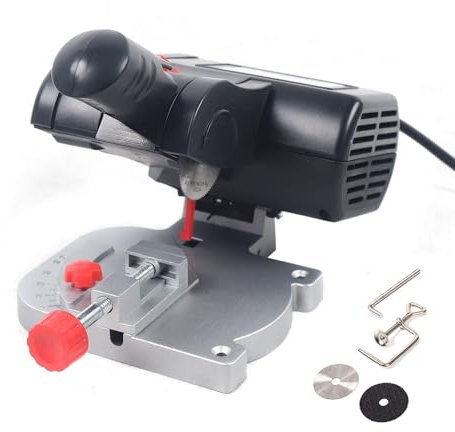 POGOAO Mini Cut Off Machine, 60W Portable Mitre Saw with 2 Saw Blade and Clamping Tool, 0-45° Angle Adjustable, 4000RPM Electric Table Saw, Mini Table Saw for Wood Metal Plastic Stone Cutting