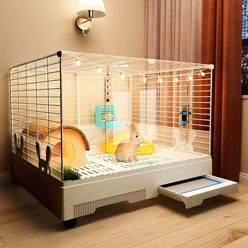 Kaninchenhaus für den Innenbereich, mit Rädern, Frettchenkäfig, Doppelschublade, Meerschweinchenkäfig, Weiß