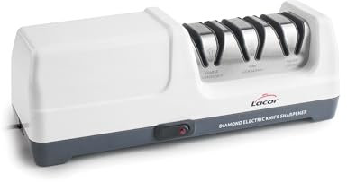 LACOR - 69432 - Afilador de Cuchillos Drei, Eléctrico 18 W, 3 Etapas, con Discos de Diamante, Para Cuchillos de Acero y Cerámica, Base Antideslizante y Magnética, 2800 r.p.m., Medidas 26,5x10,7 cm