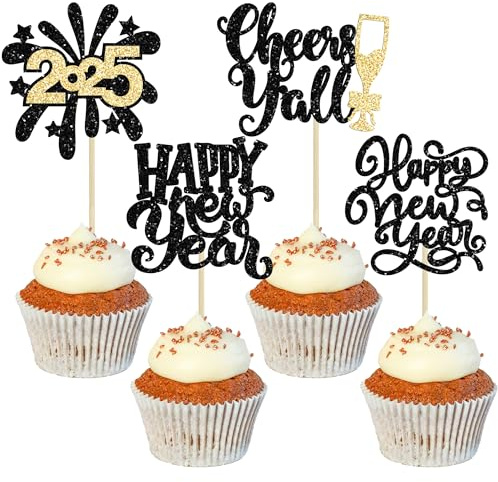 Ephlyn Cupcake-Topper Happy New Year, Glitzer, Cheers to 2025, Kuchenspieße, Feuerwerk, Cupcake-Topper für Glückwünsche 2025, Happy New Year, Urlaub, Party, Dekoration, Schwarz, 24 Stück