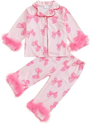 LYSINK Småbarn flickor pyjamas set rosett tryck fjäder trim satin silke pyjamas långärmad knapp topp byxor 2 st, En rosa, 4-5 Years
