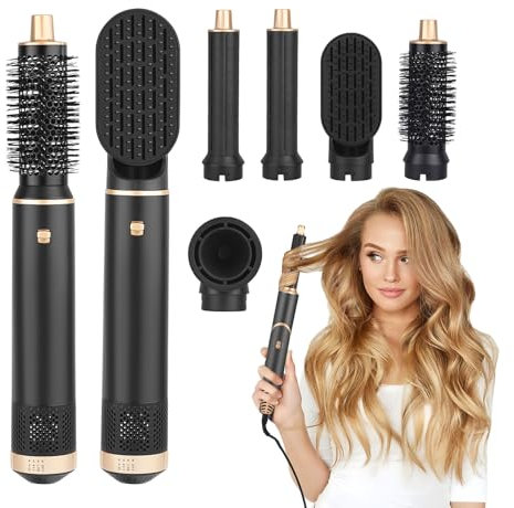 Airstyler 5 in 1, 1000W Hair Styler Haarstyler Warmluftbürste Set mit 110000 U/Min Hochtouriger Motor, Negativ Ione Hairstyler mit Luft Lockenstab, Föhn, Glättbürste, Leise, 88dB, 3 Tempe