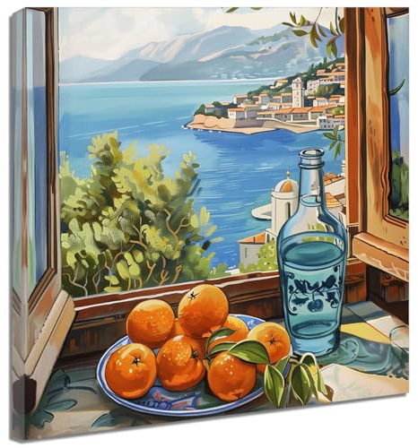 ZQQART Fruit Canvas Wall Art Kitchen Artwork Wall Decor Farmhouse Citrus Pictures Vintage Oranges in Basket Poster for Living Room Framed (Blue,12 x 12)