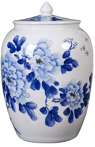 EKDJSN Ceramic Rice Bucket, Rice Container with Lid, Large Capacity Ceramic Rice Cylinder, Chinese Style Food Storage Container, Sealed Food Storage Jar, Tall Rice Dispenser(25kg)