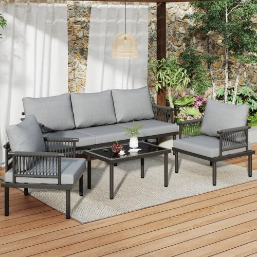 Set di sedie da giardino con comodo cuscino, divano a 3 posti, 2 poltrone e tavolino da caffè, per esterni, piano in vetro, braccioli intrecciati, acciaio zincato (grigio-B)