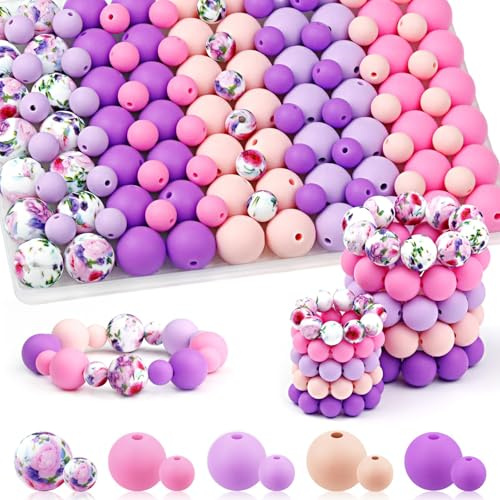 UNOZAVER 100 stycken silikonpärlset, 9 mm och 15 mm färgglada silikonpysselpärlor för armband, pennor, smycken, gör-det-själv-hantverk, nyckelring tillverkning (rosa lila)