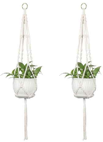 2 Stück Makramee Blumenampel Hängend Innen Baumwollseil Hängeampel Pflanzenhänger Blumentopf Pflanzen Lang Halter Aufhänger mit Quasten Hängetopf Beige Pflanzhänger Kann Boho Deko für Draußen Balkon