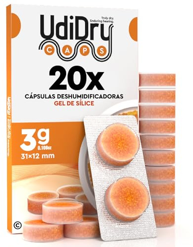 20 Capsule Deumidificanti per Apparecchi Acustici UdiDry Caps 3g 31mm con Gel di Silice Assorbi Umidità di Alta Qualità - Capsule Essiccanti con Indicatore di Colore per Asciugatura Protesi Acustiche