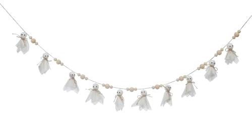 Geister Girlande Banner 213cm mit Holzkugeln, Niedliche Halloween Deko für Innen & Außen, Weiße Gespenster Garland für Party, 1 Stück Papier Dekoration