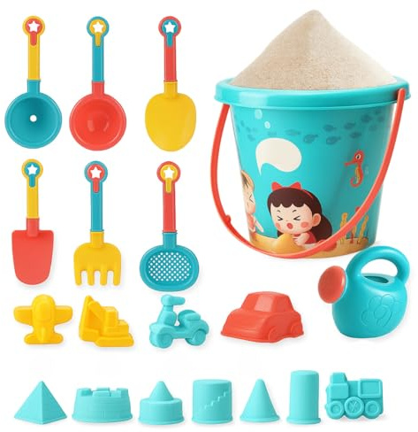 Toyana Beach Toys Set for Kids, 18 PCs Beach Bucket Set with Sand Pit Tools Shovel, Rake, Moulds, Outdoor Summer Sandcastle Playset, Garden Fun Water Activity Play Set Toy for Children Ages 3+ Years