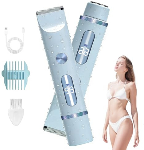 Midslinee Afeitadora Eléctrica 2 en 1 para Muje, Cortapelos Corporal para Mujer Recortadora para Zona Bikini Afeitado de Piernas Impermeable Pantalla LCD Seco/Mojado (Azul)