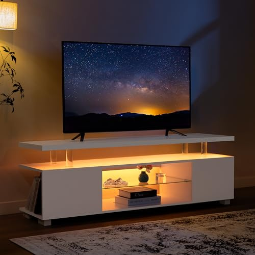 Cubehom LED TV-Schrank 130 cm, Modernes TV Lowboard mit LED-Beleuchtung und Stauraum, Fernsehtisch für Wohnzimmer, für Fernseher bis 60 Zoll,Weiß