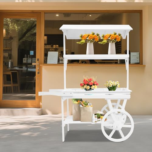 Fulavorty Flower Cart Display Stand,Candy Cart with Wheels for Party, 3 Tier Desert Cart,Wooden Retro Rolling Table Cart for Display Flowers Candy Party