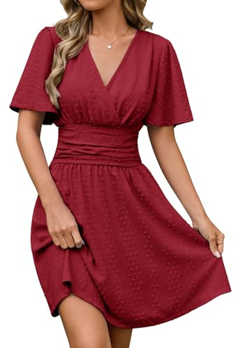 HEEKPEK Abito Estivo Donna Scollo a V Vestito Donna Elegante Manica Corta Casual Vestiti Estivi Corti Leggero Mini Abiti Vita Alta Linea A Vestitino Mare da Spiaggia Festa Matrimonio (Bordeaux, XL)
