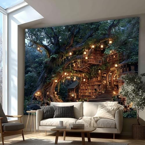 SparkLia Forest Woodland Tree Library Tapestry, Magical Bookshelf Wall Hanging, Enchanted Tree Library Wall Art, Fantasy Nature Tapestry for Bedroom Living Room Dorm Decor - 130 x 150 cm
