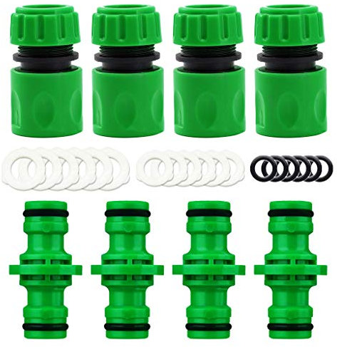 YAAVAAW Paquete de 8 conectores de manguera de jardín: contiene 4 conectores de extremo de manguera y 4 extensores de conector de manguera macho doble, ajuste para extremo de manguera de 15 mm