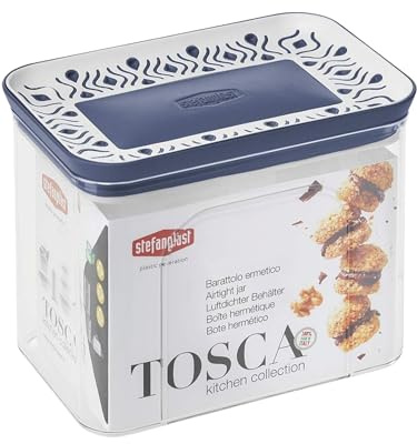 Stefanplast Barattolo rettangolare 1,2 litri coperchio bianco blu ermetico trasparente per alimenti pasta, biscotti, caff�