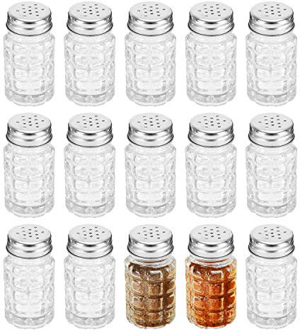 Jucoan 16 Pack Glass Salt and Pepper Shakers Set with Stainless Steel Lid, 45 ml Mini Seasonings Spice Dispensers Retro Glass Spices Bottles Jar
