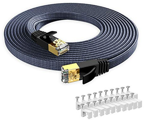 Snowkids 15m Cable de Red Ethernet cat7, Alta Velocidad 10Gbit/s 600MHz Cable Plano Trenzado de Nailon Chapado STP Cable Ethernet RJ45 para Router Modem Switch TV Box PC PS-4 Viene con 20 Clips Cable
