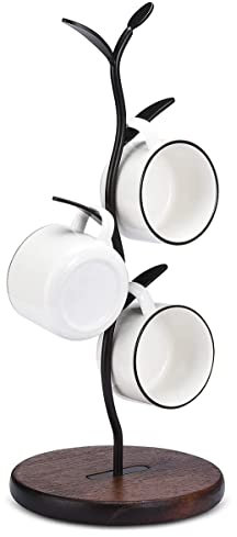 Cup Holder Stand, Mug Rack for Kitchen, Coffee Mug & Tea Cup Storage Shelf Worktop, Coffee Bar Accessories & Kitchen Organiser, Black (Black, 4 Hooks)