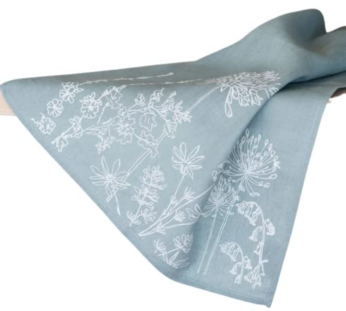 Helen Round Linen Tea Towel, duck egg blue. This beautiful, hand printed towel features garden flowers. Machine Washable at 40 degrees and will compliment your kitchen decor perfectly. Size 70 x 46cm