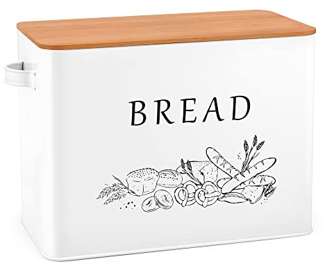 LIANYU White Bread Box with Bamboo Lid for Kitchen Countertop, Large Farmhouse Metal Bread Storage Container Organizer, Vintage Bin Keeper for Counter 13x7x9.8 Inch
