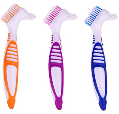 3 Stück Tragbare Zahnprothese Reinigungsbürste Set Mäßig Zahnprothese Zahnbürste Reinigungsbürste mit Mehrschichtigen Borsten & Ergonomischen Gummigriff für falsche Zähne Reinigung, 3 Farben