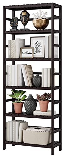 Bamjoy Bambusregal, 6 Etagen, Bücherregal, verstellbare Aufbewahrungsregale, hohe Regal, Pflanzenständer, Aufbewahrungsregal für Badezimmer, Zuhause, Büro, Küche, Wohnzimmer, 23,6 x 10,2 x 63,4 cm,