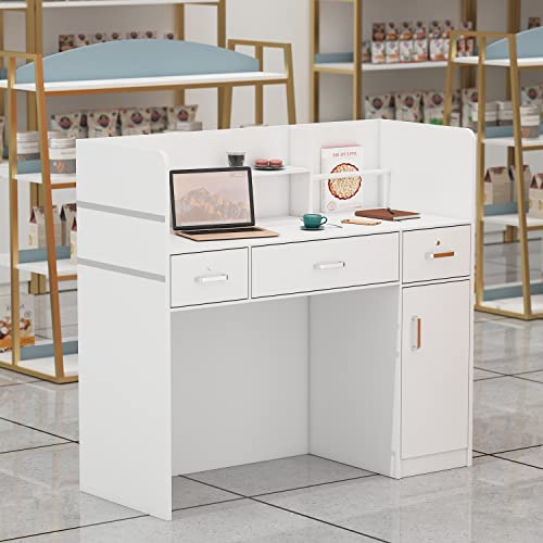 DEZAGCE Comptoir d'accueil Réception Secrétariat Comptoir de Vente, Mobilier de Bureau, 3 Tiroirs, 110 X 120 X 48 cm, Blanc