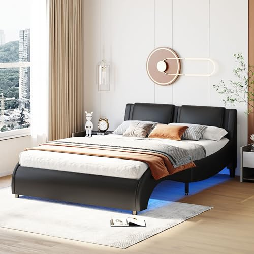 Becag Polsterbett 140x200 cm Doppelbett mit LED-Lichtbettgestell, Bett mit Holz Lattenrost, Jugendbett Kinderbett Rückenlehne Bett, Ohne Matratze, Kunstleder (Schwarz)